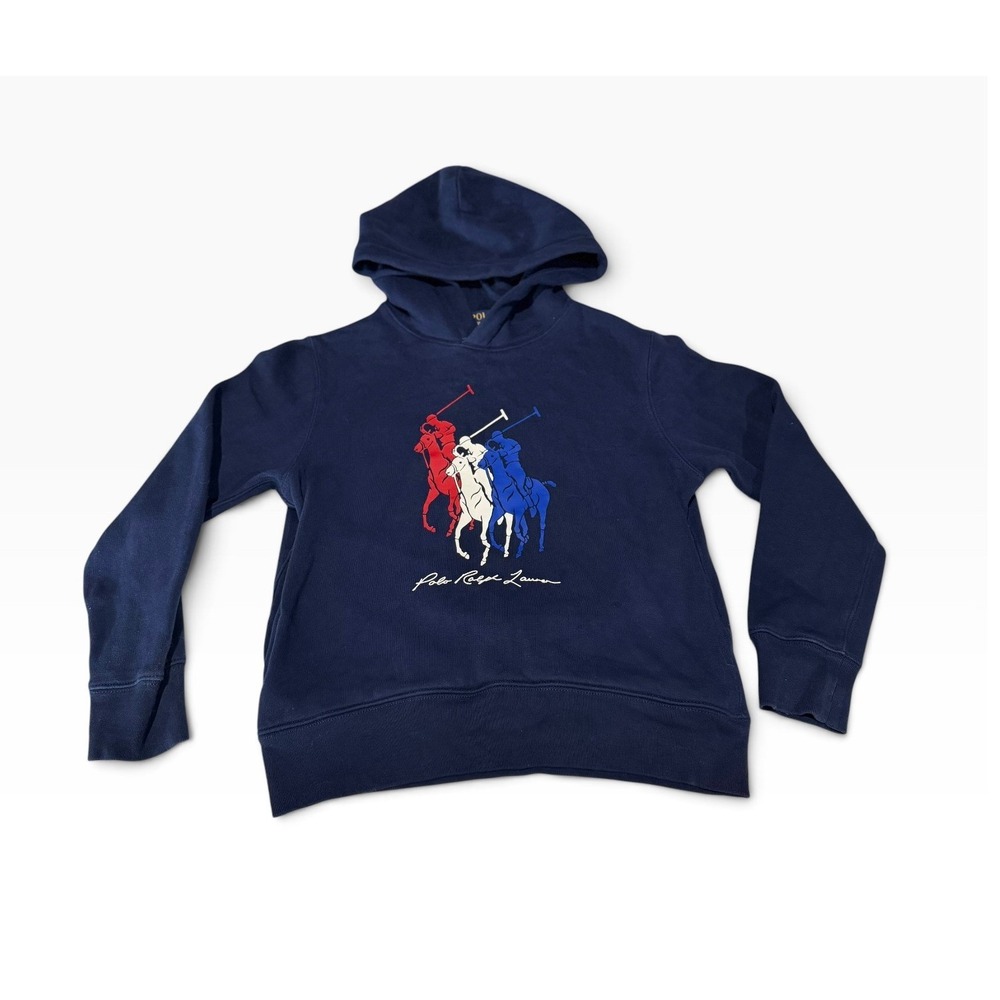 Polo Ralph Lauren Kids Navy Blue Triple Pony Fleece Hoodie Sweatshirt Size S 8